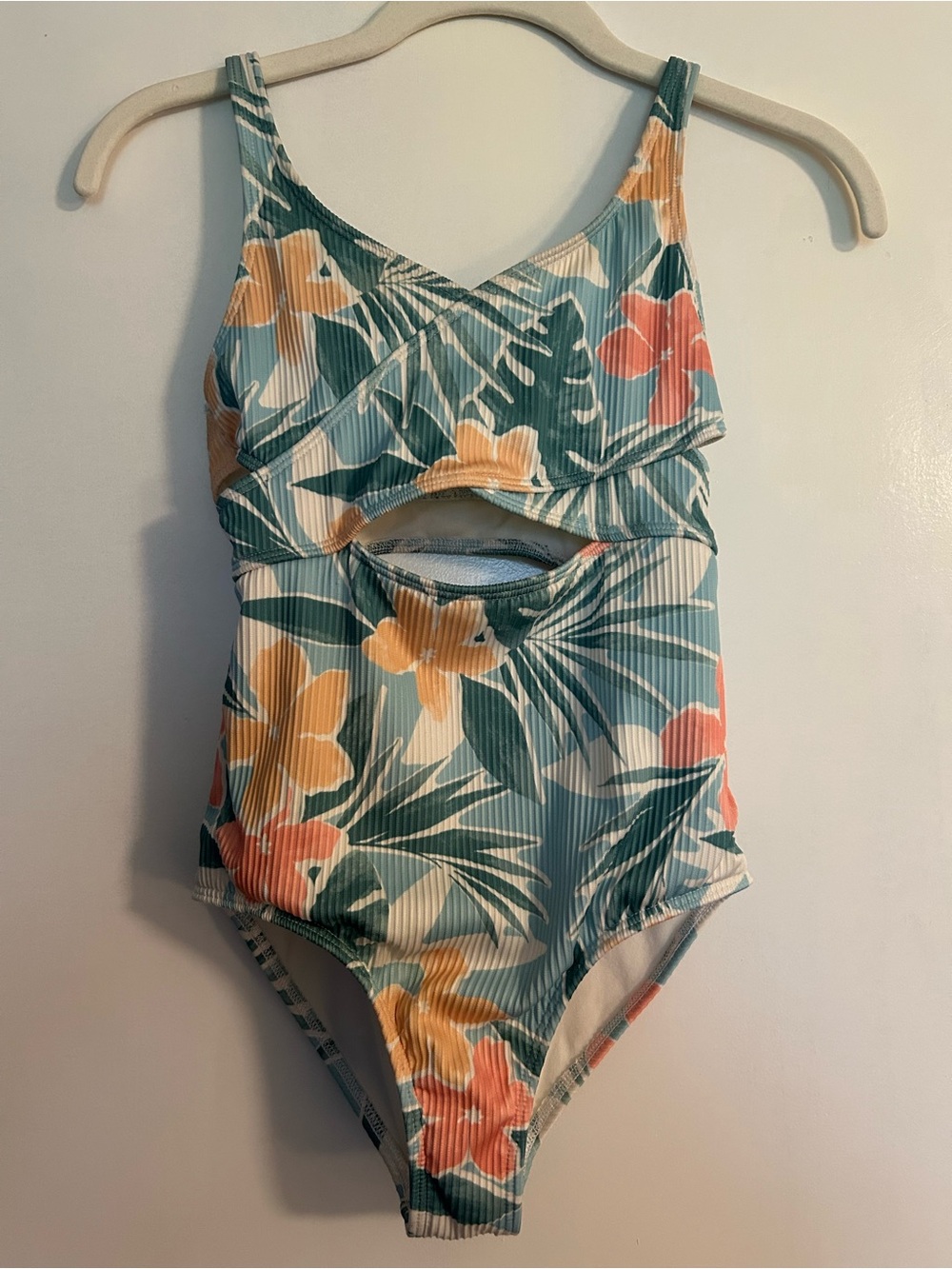 abercrombie kids Teal, Coral & White Floral Ribbed One-Piece size 9/10